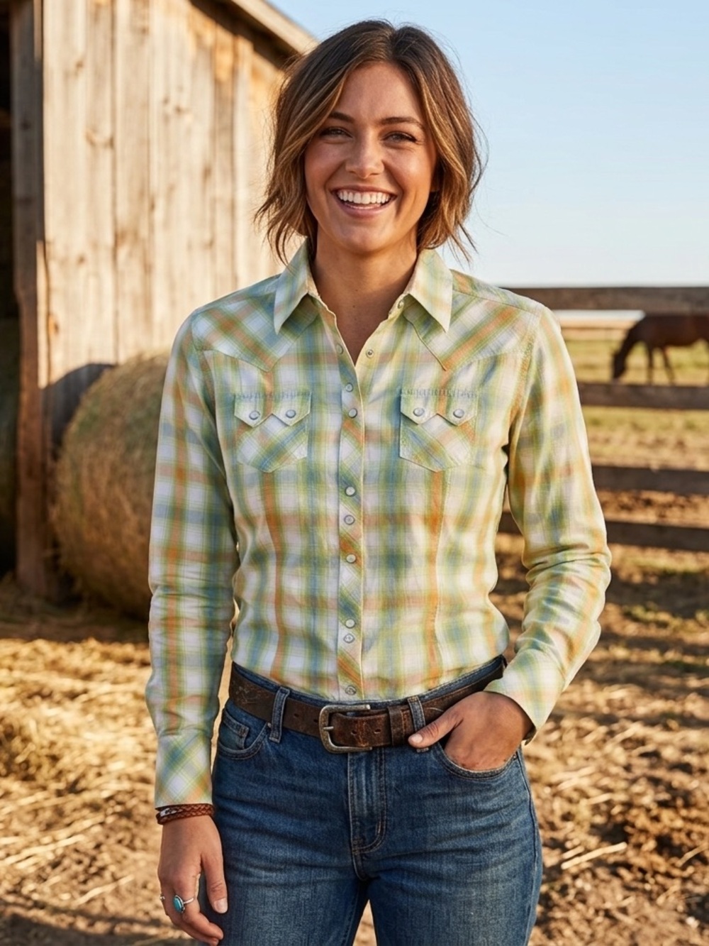 Ariat Western Ladies Shirt 100% Crisp Fresh Plaid Cotton Medium Snap Closure